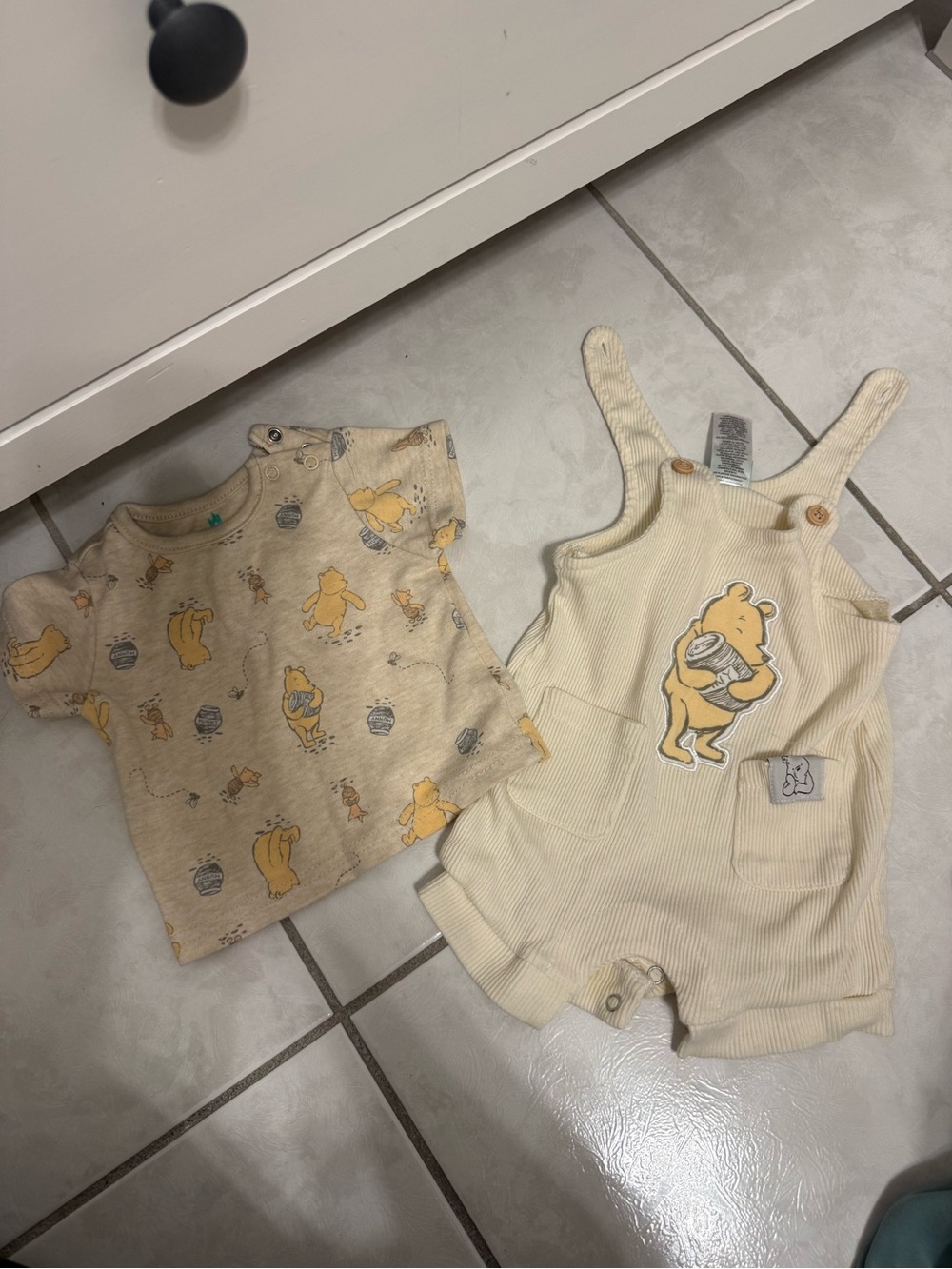 Disney Beige Winnie the Pooh Short Sleeve Tee and Cream Overalls One-Piece